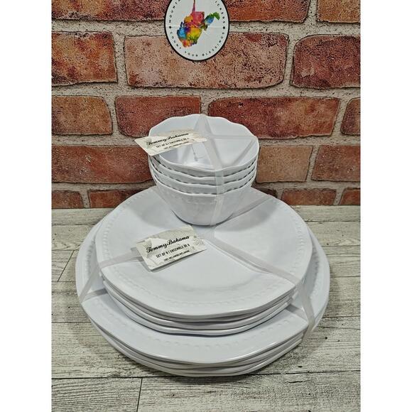 12 Pc Tommy Bahama Melamine Classic White HobnailDinner Salad Plates Bowls NWT